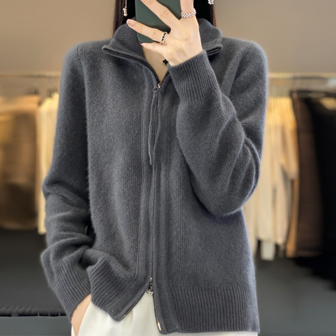 Mock Neck Double Zip Front Ribbed Knit Cardigan