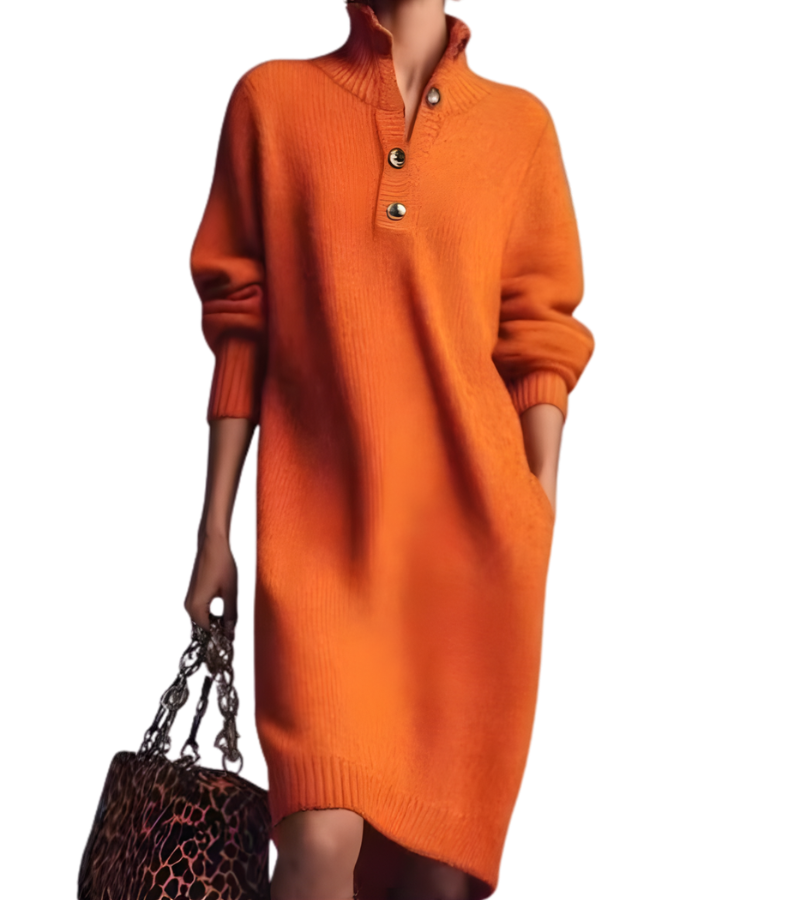 Ribbed Knit Collared Button Neck Sweater Dress