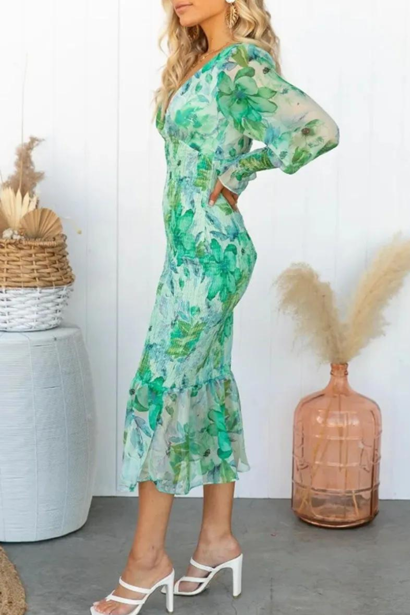 Rafaela Aesthetic Flower Print Midi Dress Elevated Occasion Wear