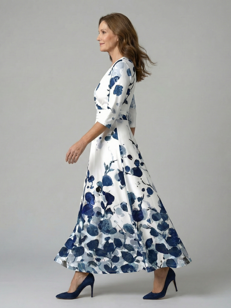 Floral V-Neck Wrap Three Quarter Sleeve Satin Maxi Dress