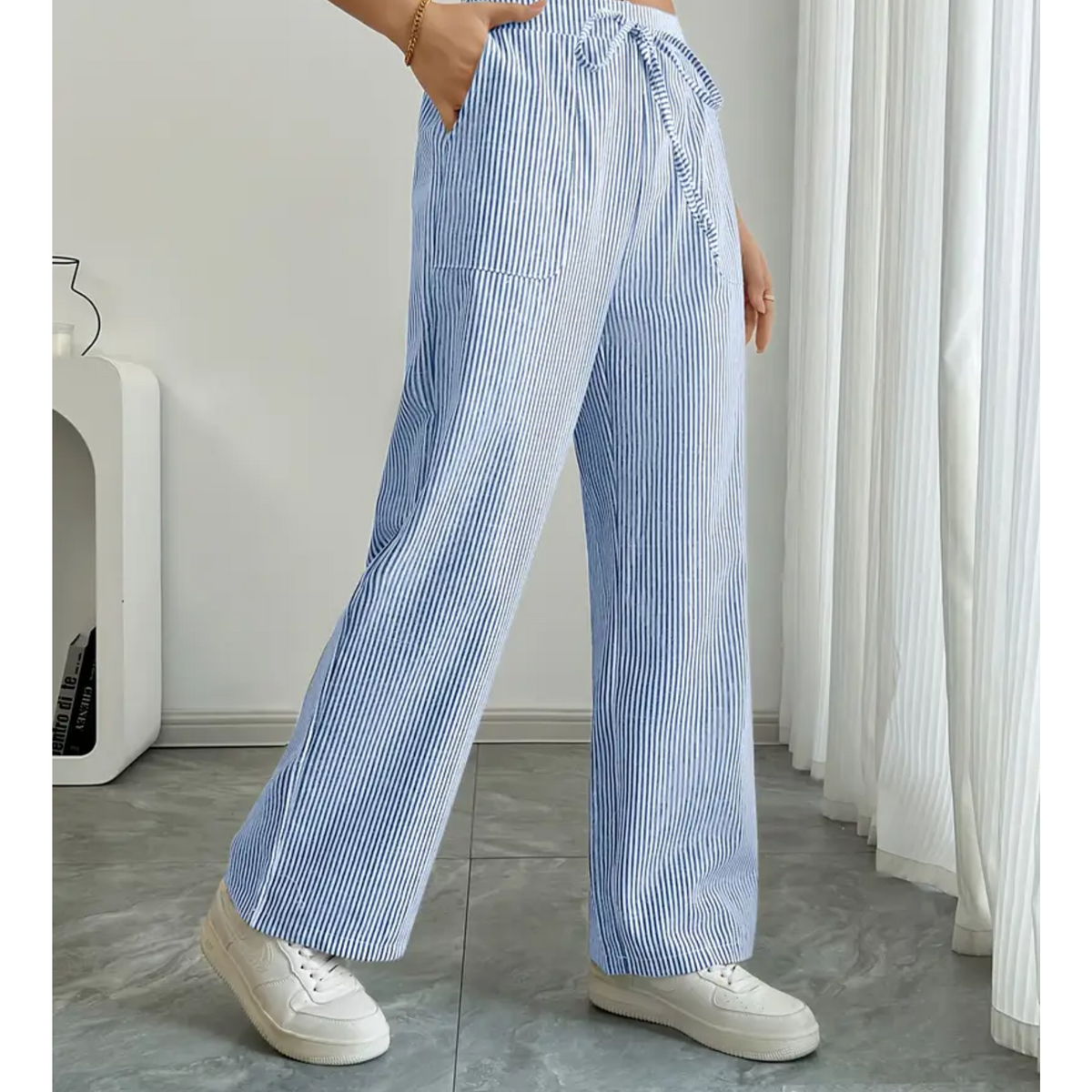 Striped Drawstring Wide Leg Pocket Pants