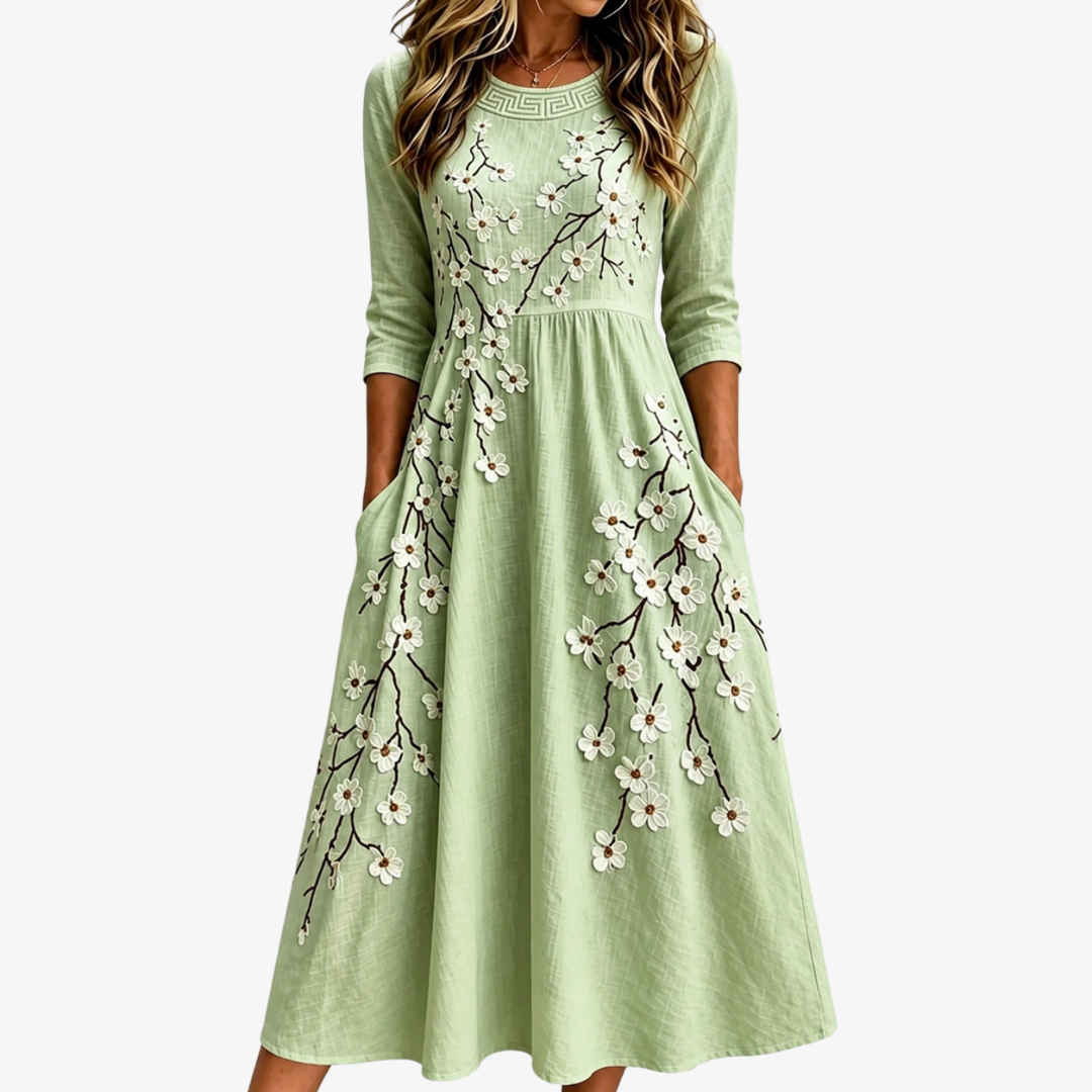 Floral Embroidered Round Neck Pocket A-Line Midi Dress