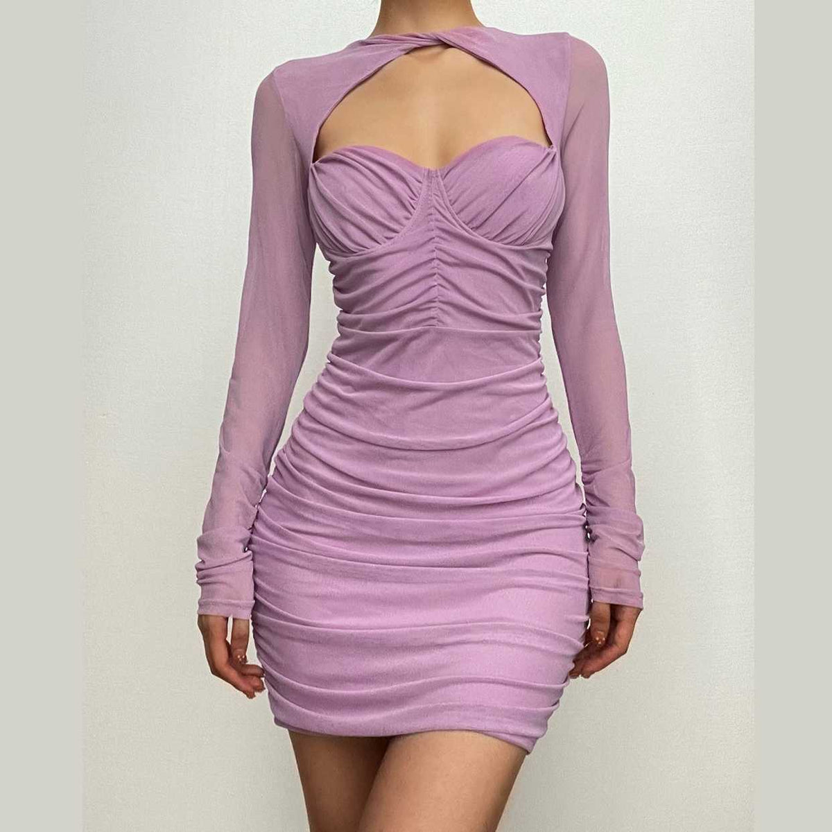Ruched Mesh Cut Out Sweetheart Bust Long Sleeve Bodycon Mini Dress