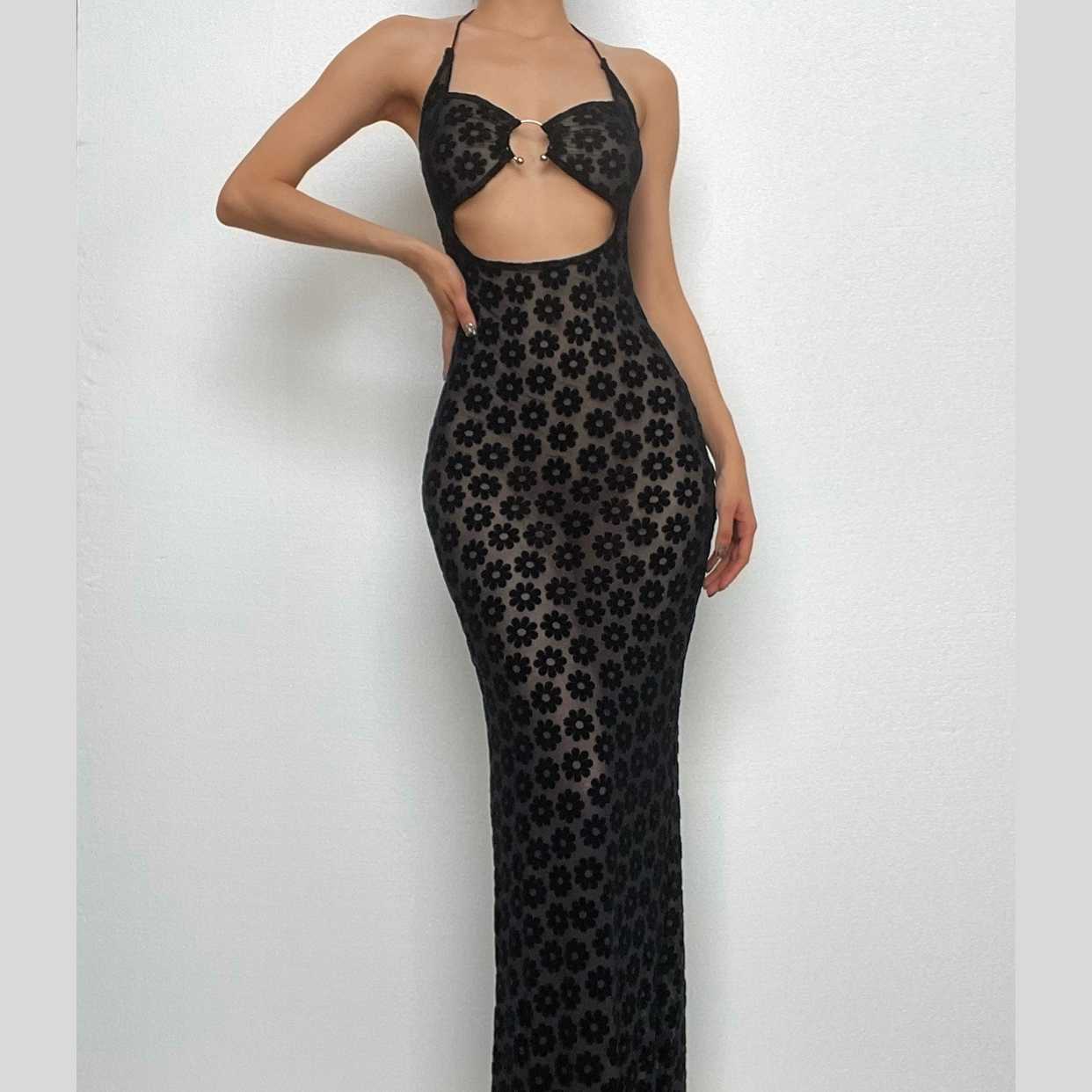 Floral Mesh Halter Neck O Ring Cut Out Bodycon Maxi Dress