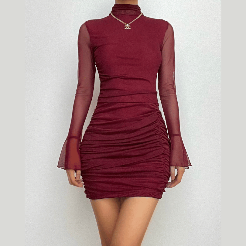 Mesh Mock Neck Sheer Flare Sleeve Ruched Bodycon Mini Dress