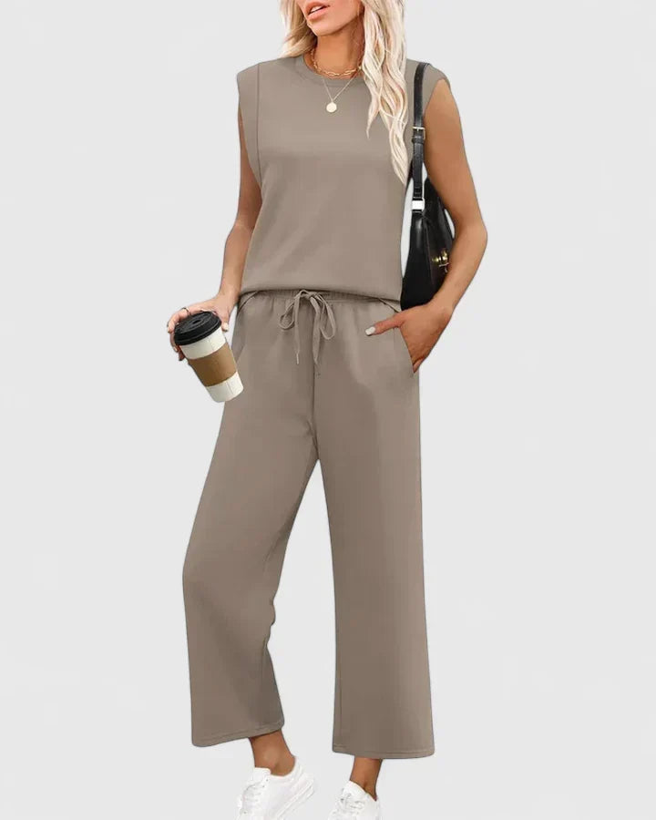 Sleeveless Top and Drawstring Wide Leg Pants Two Piece Set