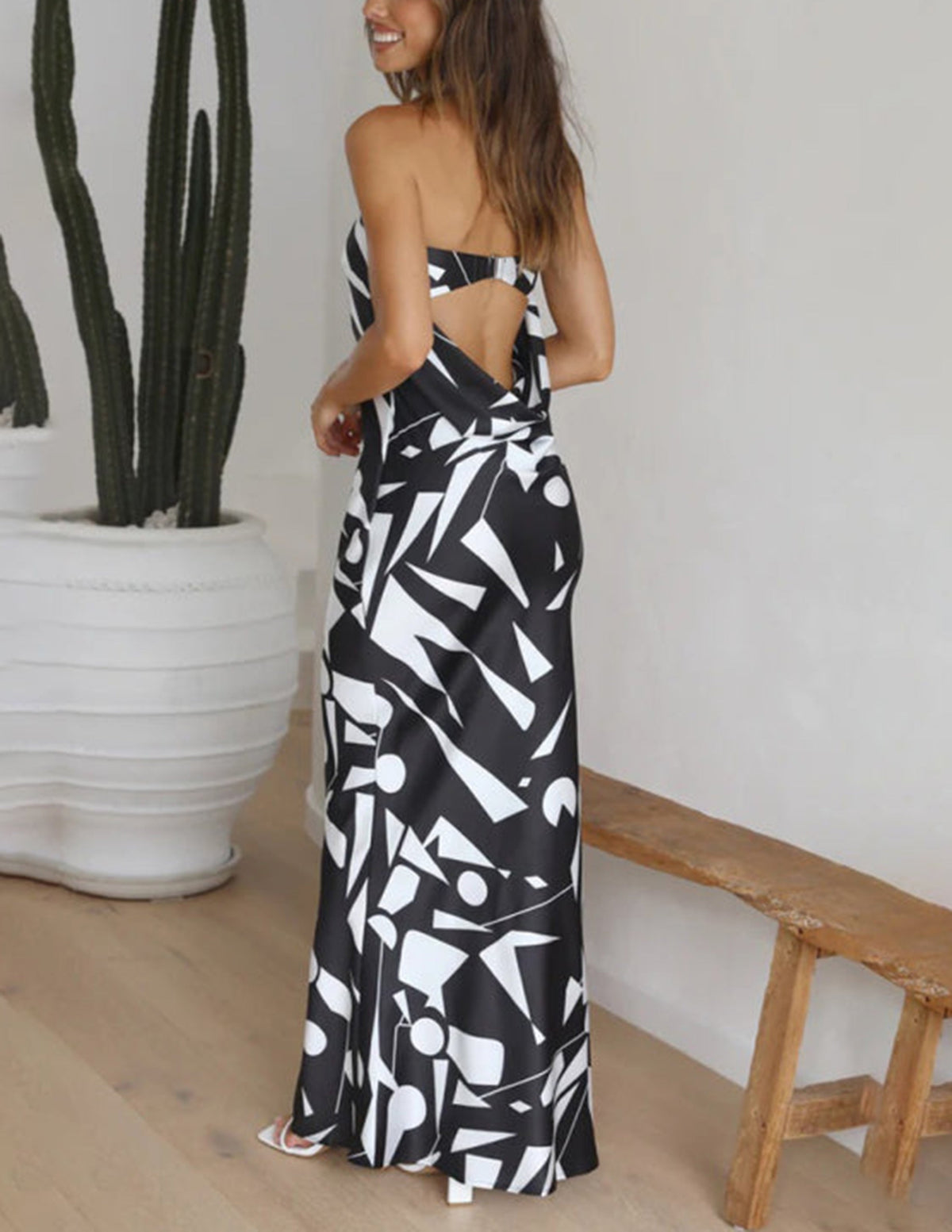 Strapless Geometric Print Satin Bodycon Mermaid Maxi Dress 7