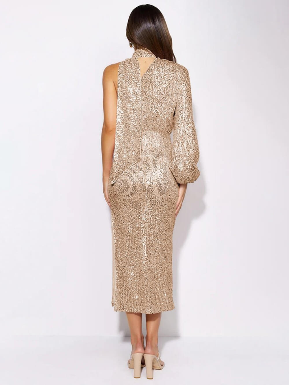 Sequin High Neck One Sleeve Slit Midi Dress