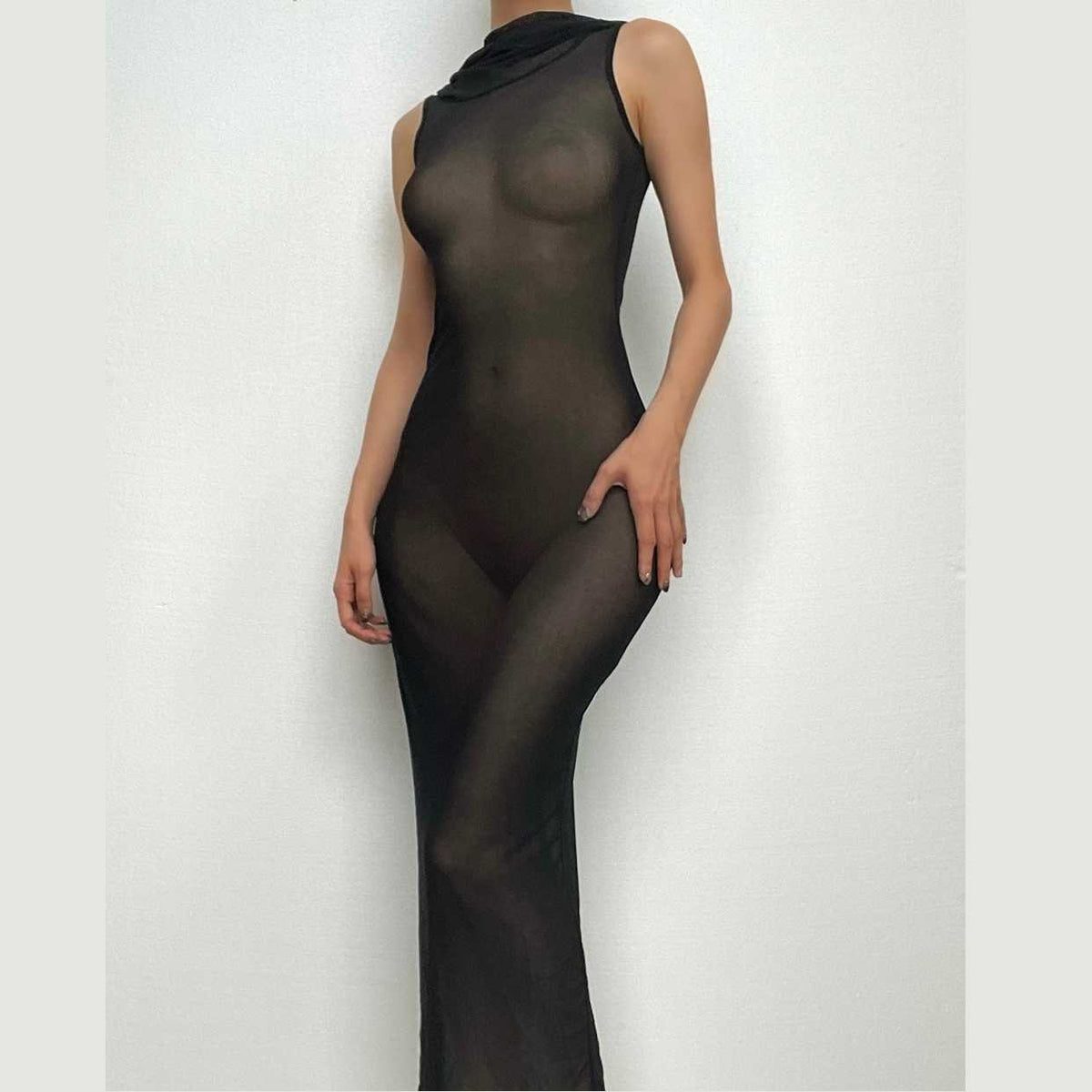 Sheer Mesh Sleeveless Hooded Bodycon Maxi Dress