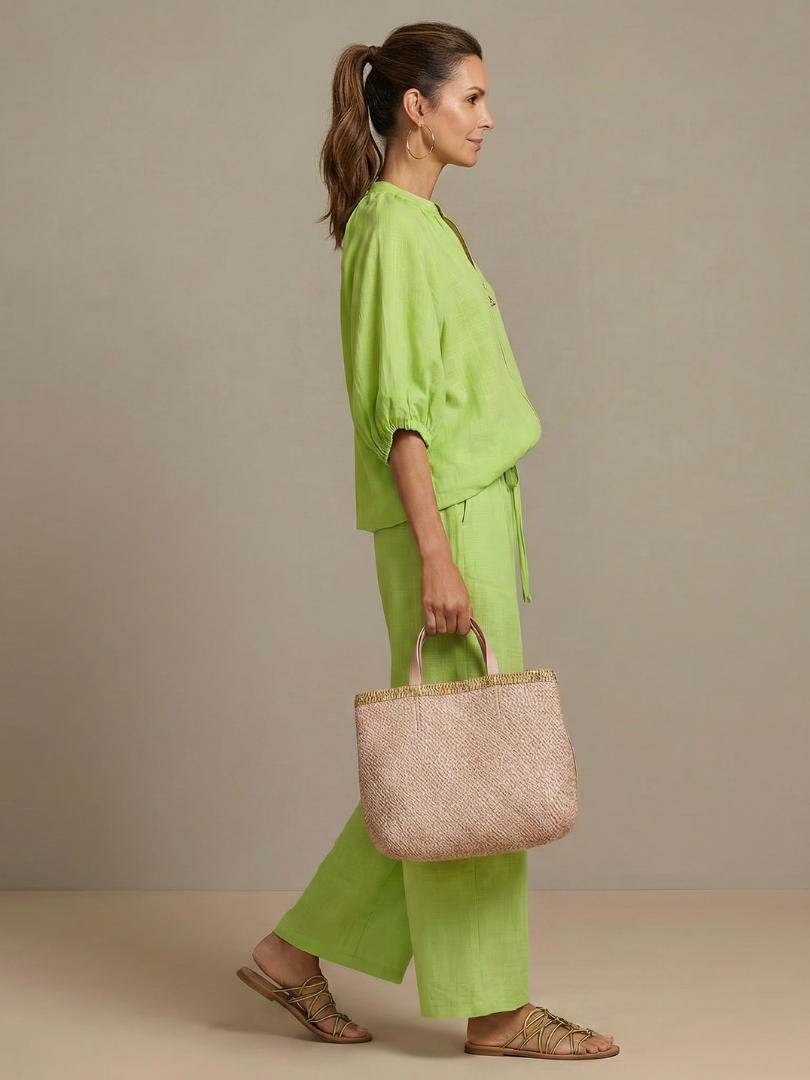 Puff Sleeve Zip Front Top and Wide Leg Pants Two Piece Set