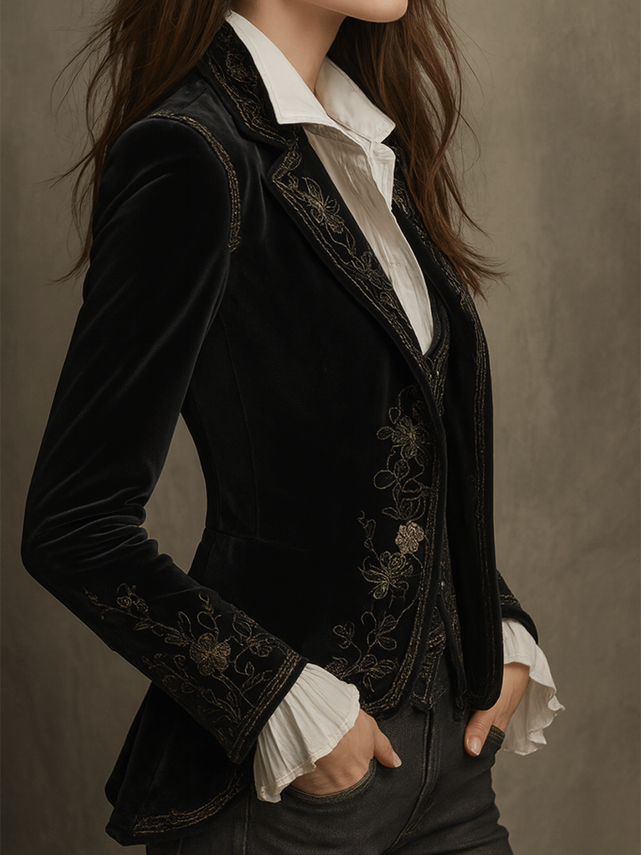 Embroidered Velvet Fitted Blazer