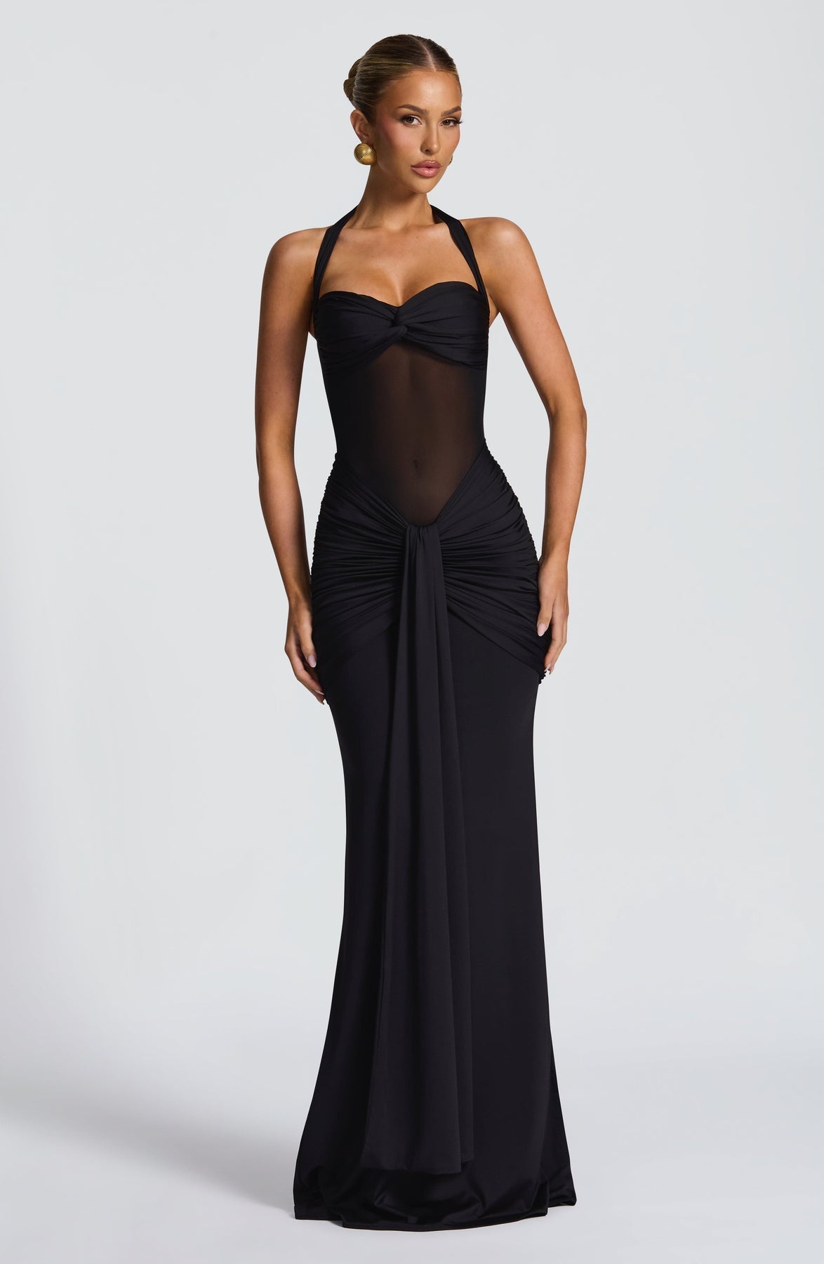 Halter Neck Twist Bust Sheer Mesh Ruched Drape Maxi Gown 20