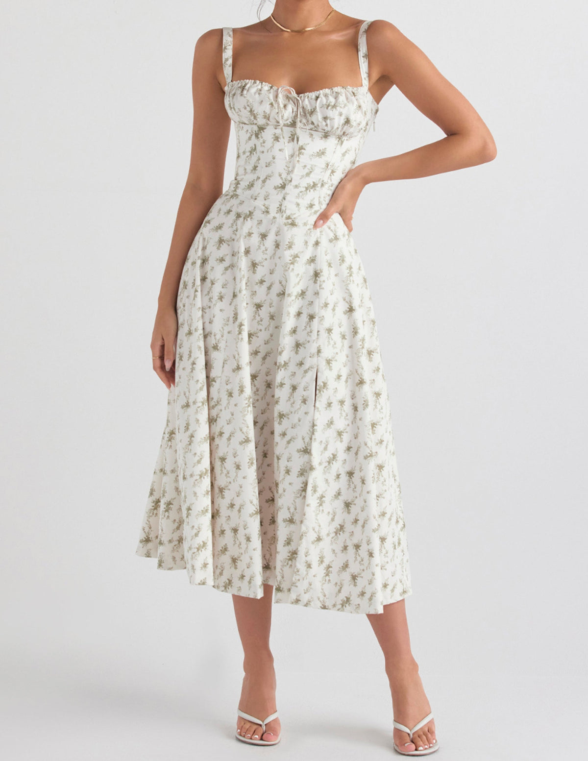 Floral Print Sweetheart Neck Corset High Split Midi Dress
