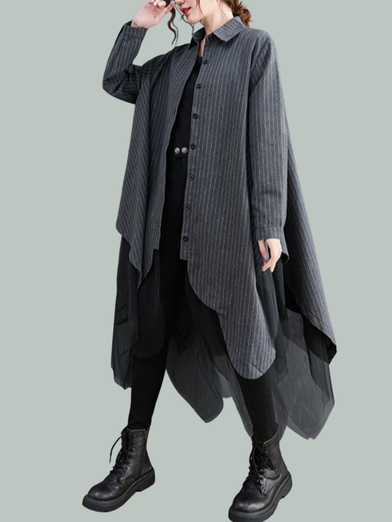 Pinstripe Long Sleeve Button Down Mesh Layer Handkerchief Hem Shirt Dress