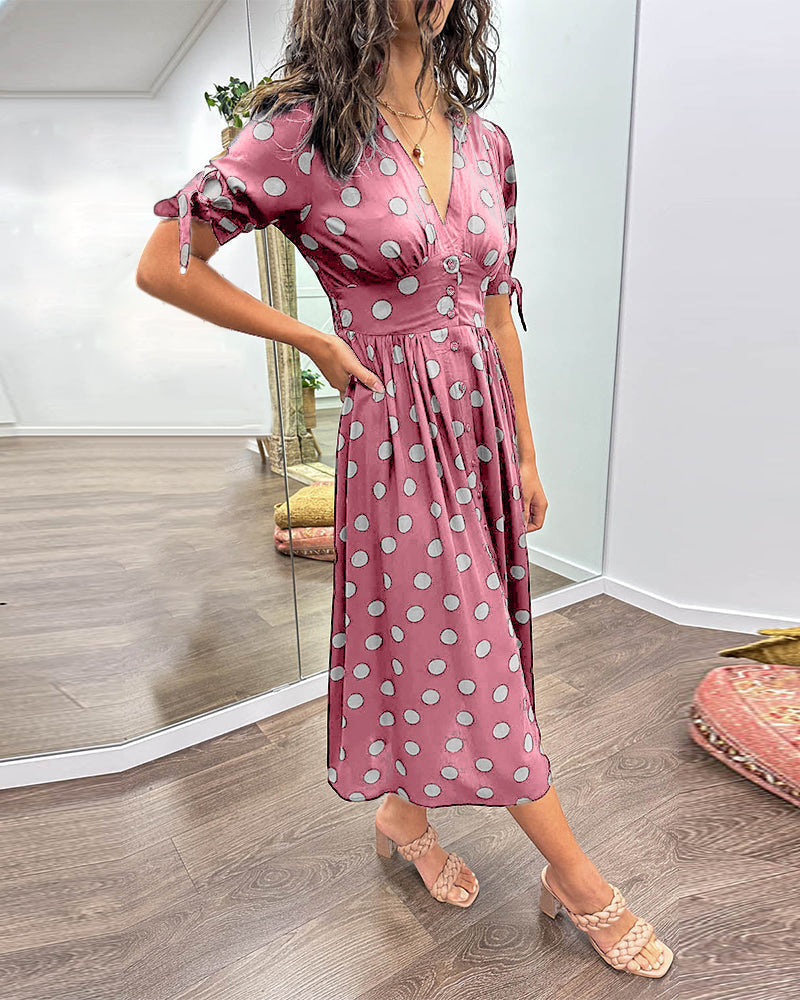 Polka Dot Deep V-Neck Button Front Puff Sleeve Tie Cuff Midi Dress