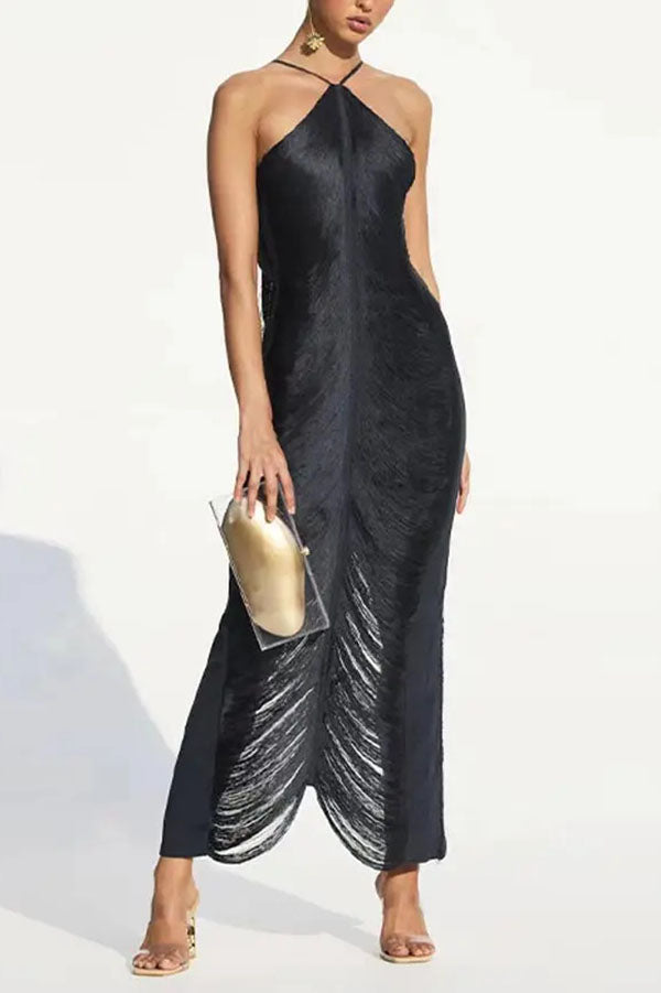 Metallic Fringe Halter Neck Backless Bodycon Maxi Dress 6