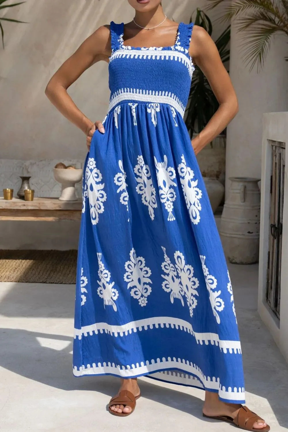 Smocked Square Neck Ruffle Strap Pocket Border Hem Maxi Dress