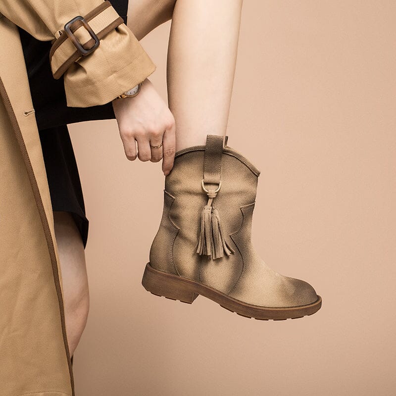 Matte��Leather Western Boots Handmade Cowboy Boots Gradient Colors in Brown/Apricot