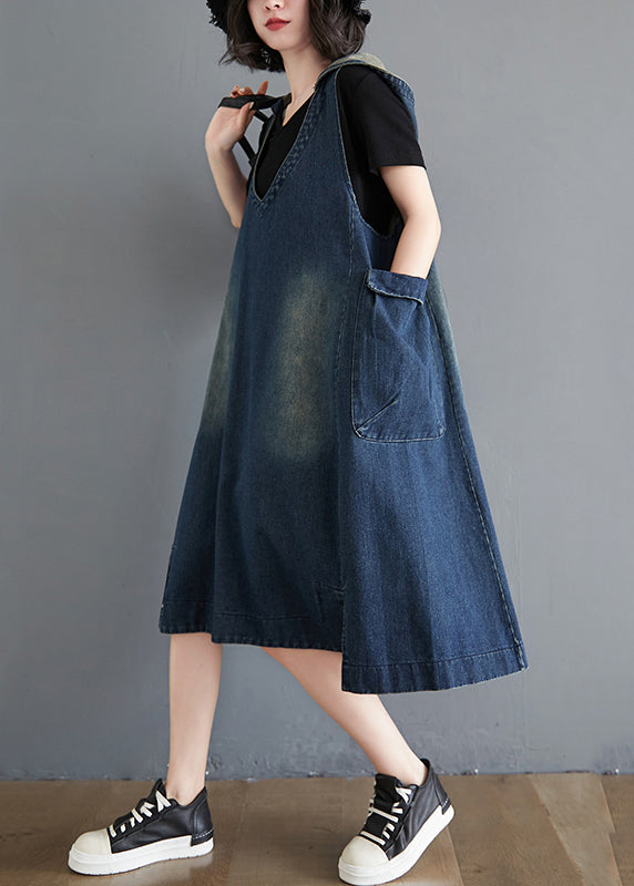 Denim Deep V-Neck Sleeveless Patch Pocket Distressed Wash Midi Pinafore Dress