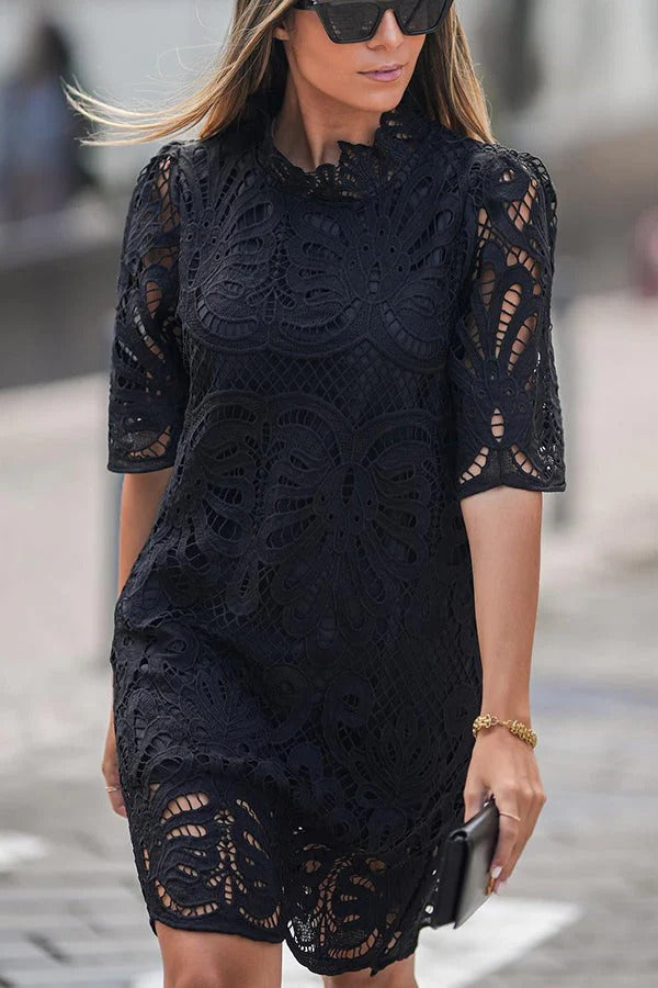 Crochet Lace High Neck Short Sleeve Shift Mini Dress