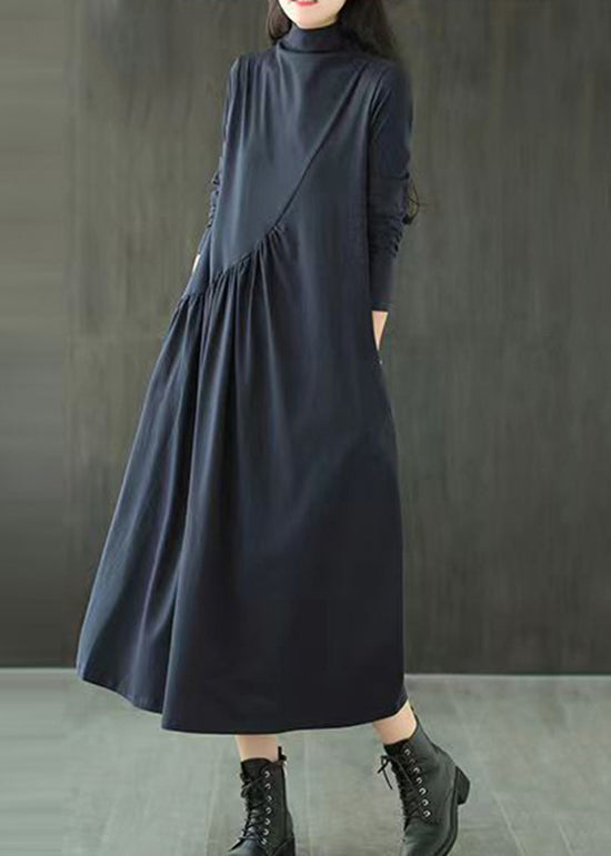 Mock Neck Long Sleeve Diagonal Seam Pleated Pocket A-Line Maxi Dress