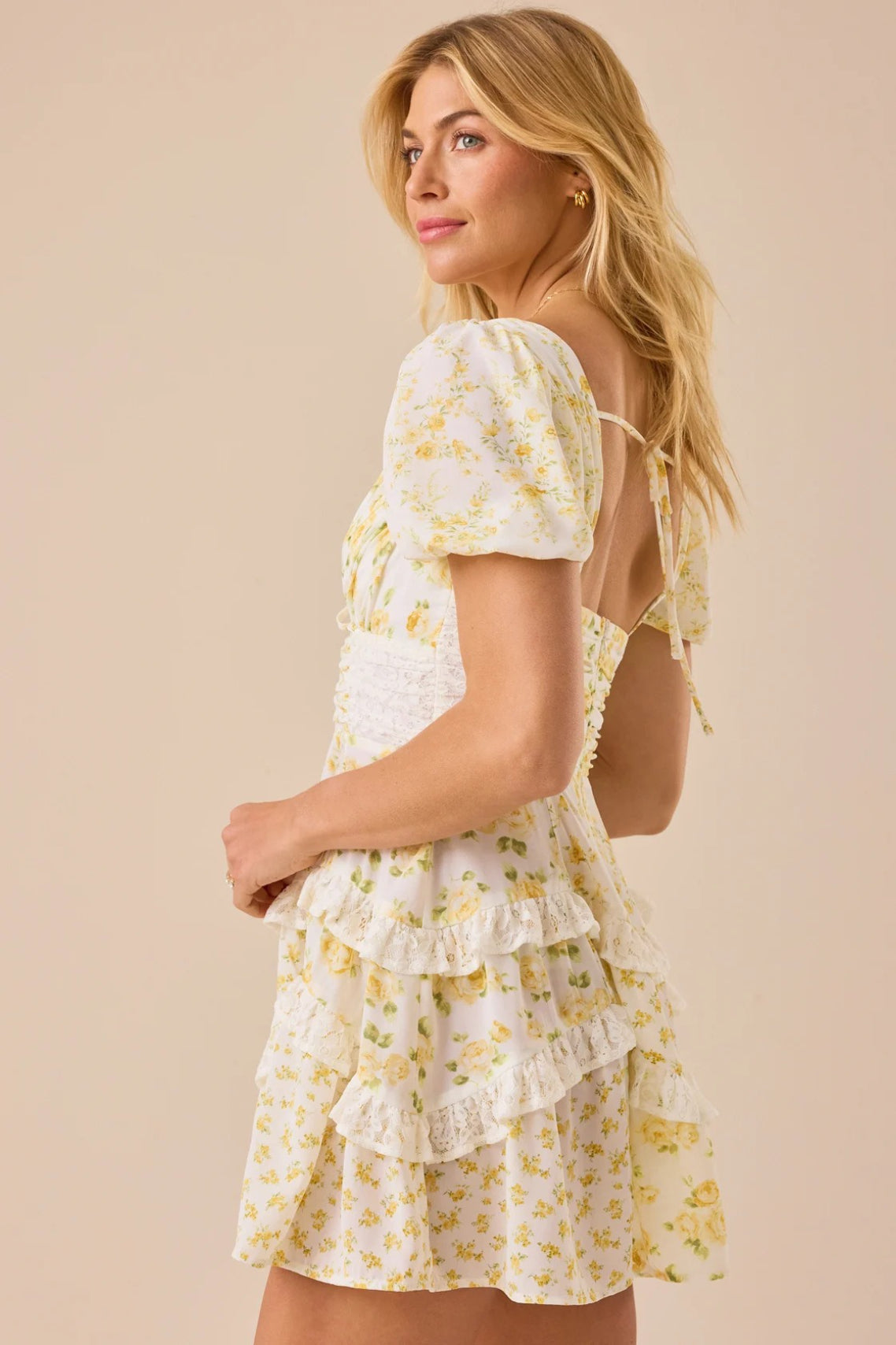 Floral Sweetheart Puff Sleeve Tiered Lace Trim Mini Dress