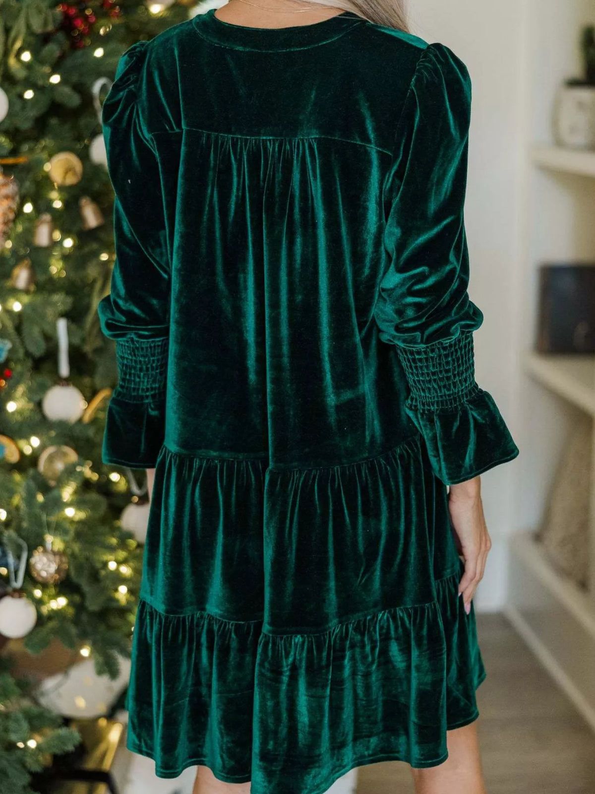 Velvet Notched Neck Long Sleeve Smocked Cuff Tiered Mini Dress 5