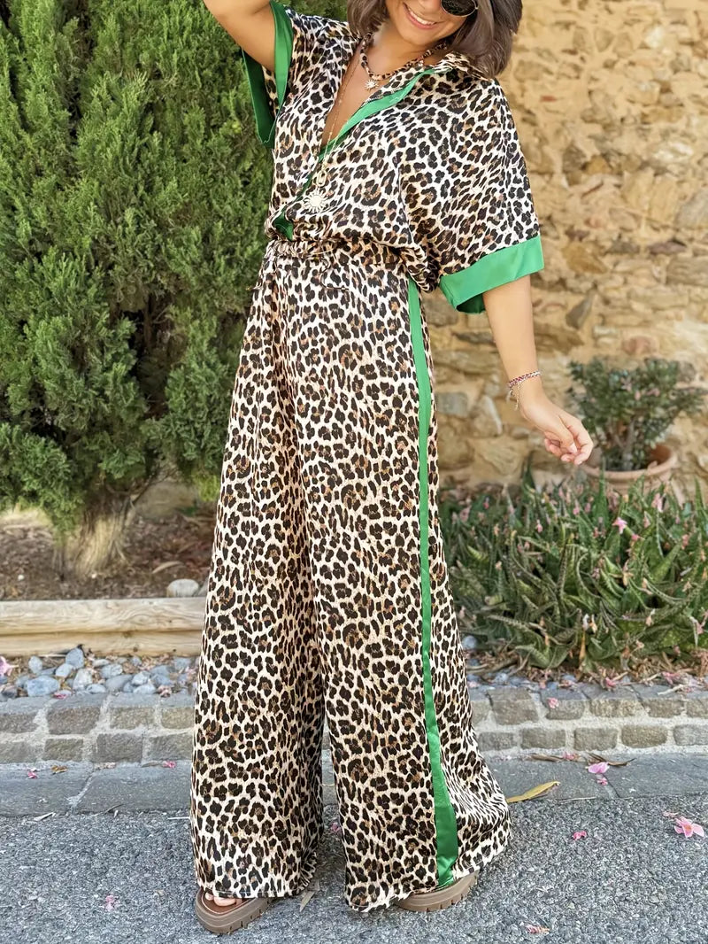 Leopard Print Contrast Trim Shirt and Wide Leg Pants Two Piece Set