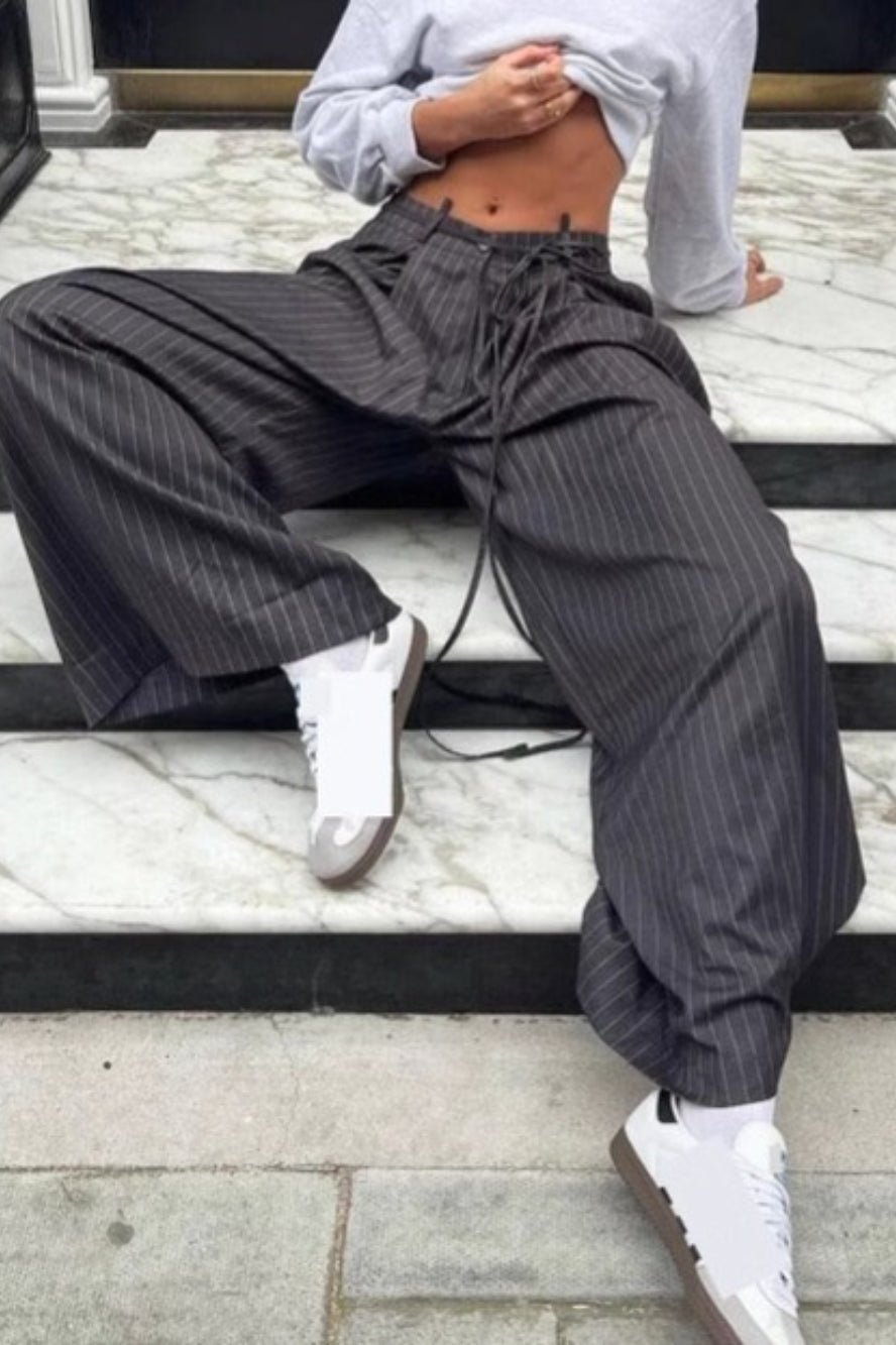 Retro Striped Slouchy High Waist Wide Leg Dress Pants