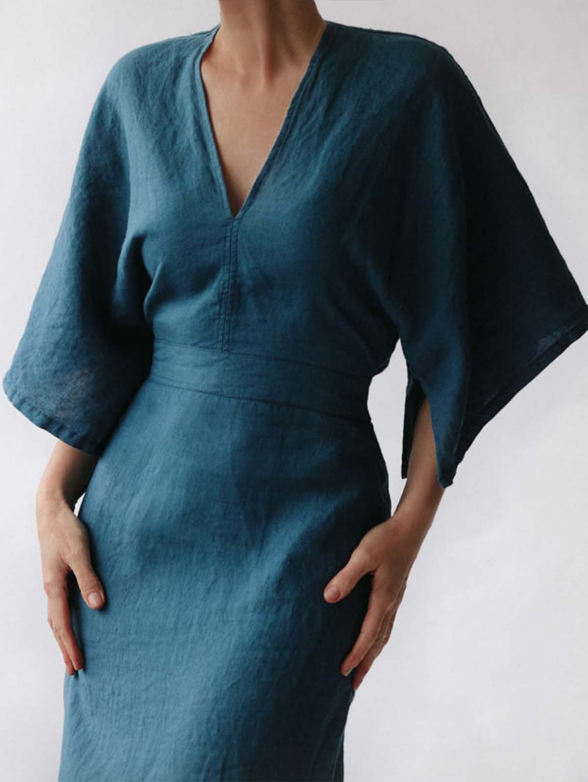 Deep V-Neck Kimono Sleeve Belted Waist A-Line Midi Dress