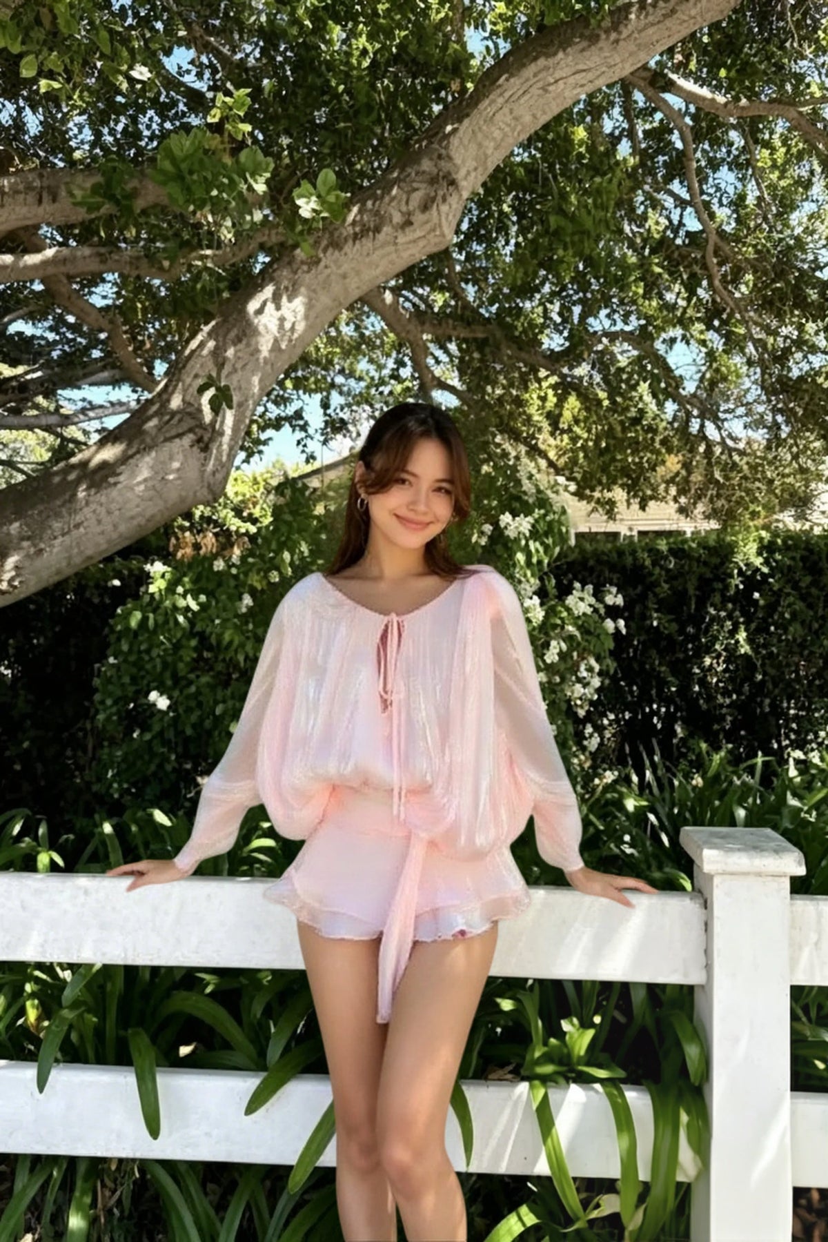 Tie Neck Long Sleeve Blouson Ruffle Hem Mini Dress