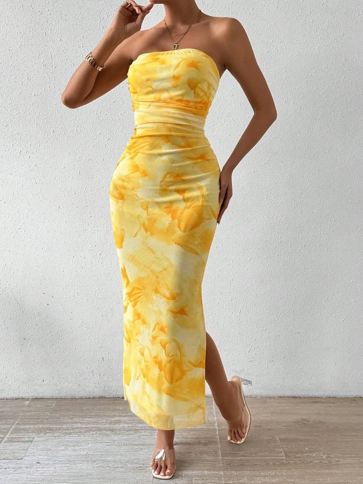 Abstract Print Strapless Ruched Bodycon Maxi Tube Dress 13