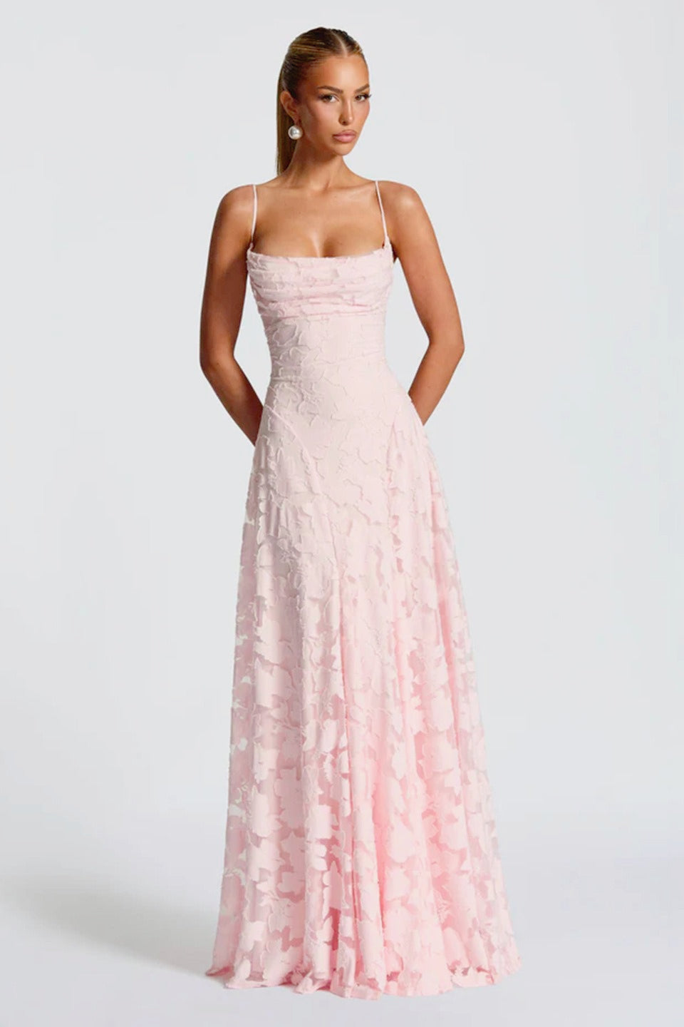 Floral Lace Spaghetti Strap Tie Back A-Line Maxi Dress - View 5