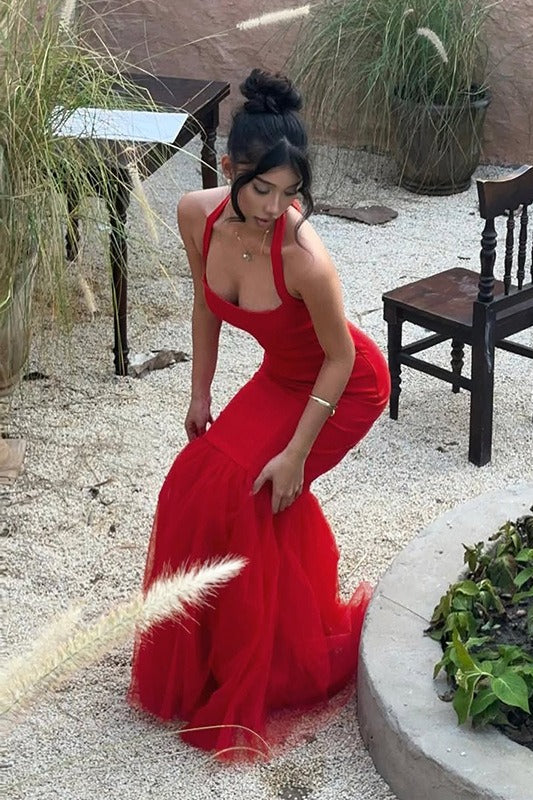 Halter Neck Mermaid Tulle Hem Formal Gown