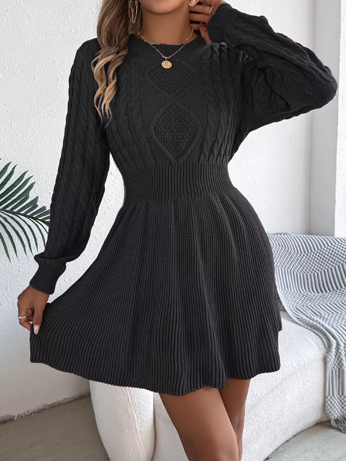Cable Knit Crew Neck Long Sleeve Fit and Flare Sweater Mini Dress 3