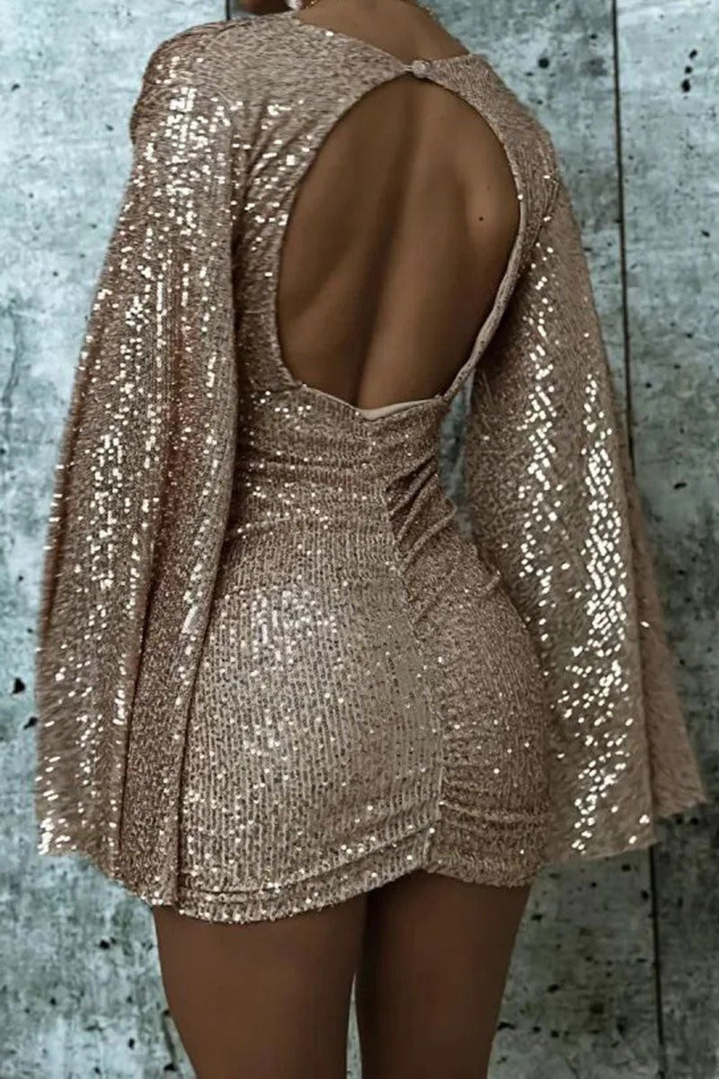 Sequin Deep V-Neck Long Flared Sleeve Ruched Bodycon Mini Dress