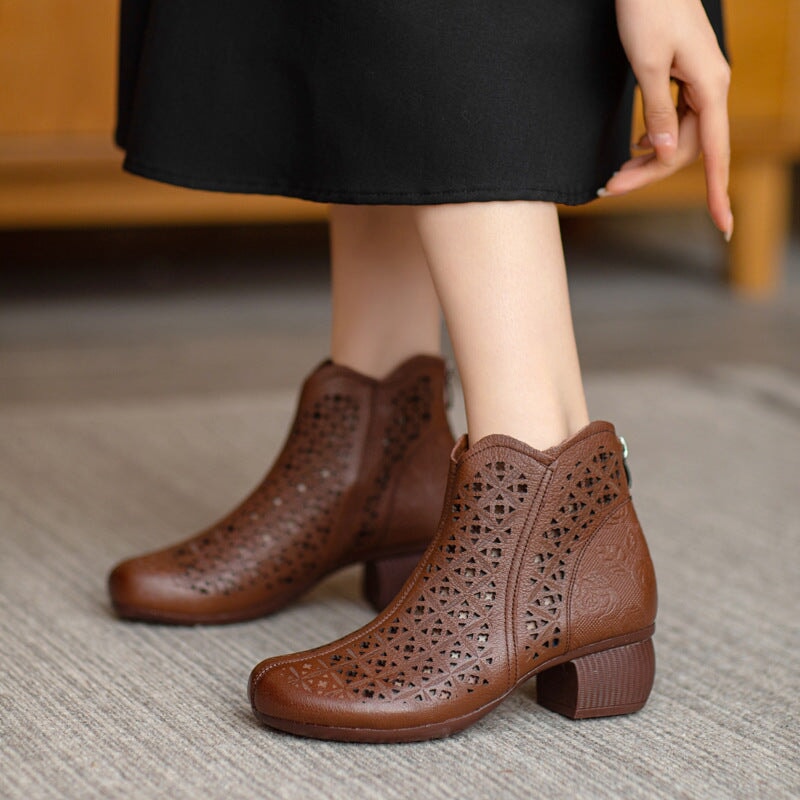 Cut Out Summer Boots Breathable Leather Short Boots Coffee /Apricot