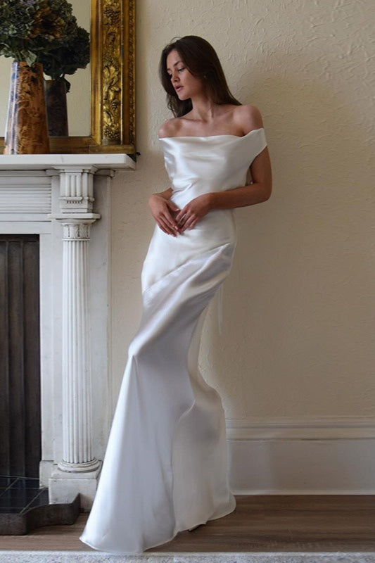 Satin Off Shoulder Cowl Draped Slim Fit Maxi Dress