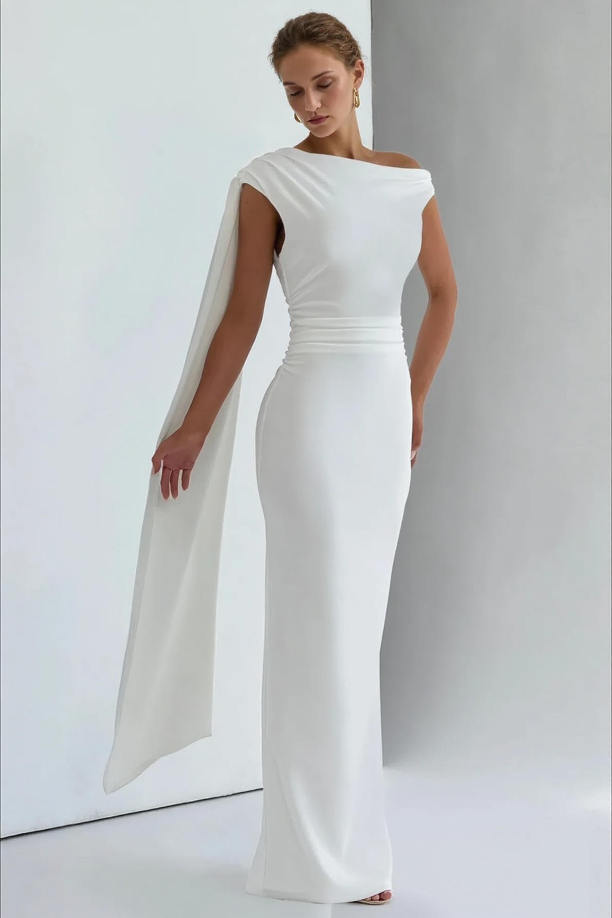 Sexy Asymmetrical Neck Long Sleeve Fitted Ruched High Waist Party Dress 4