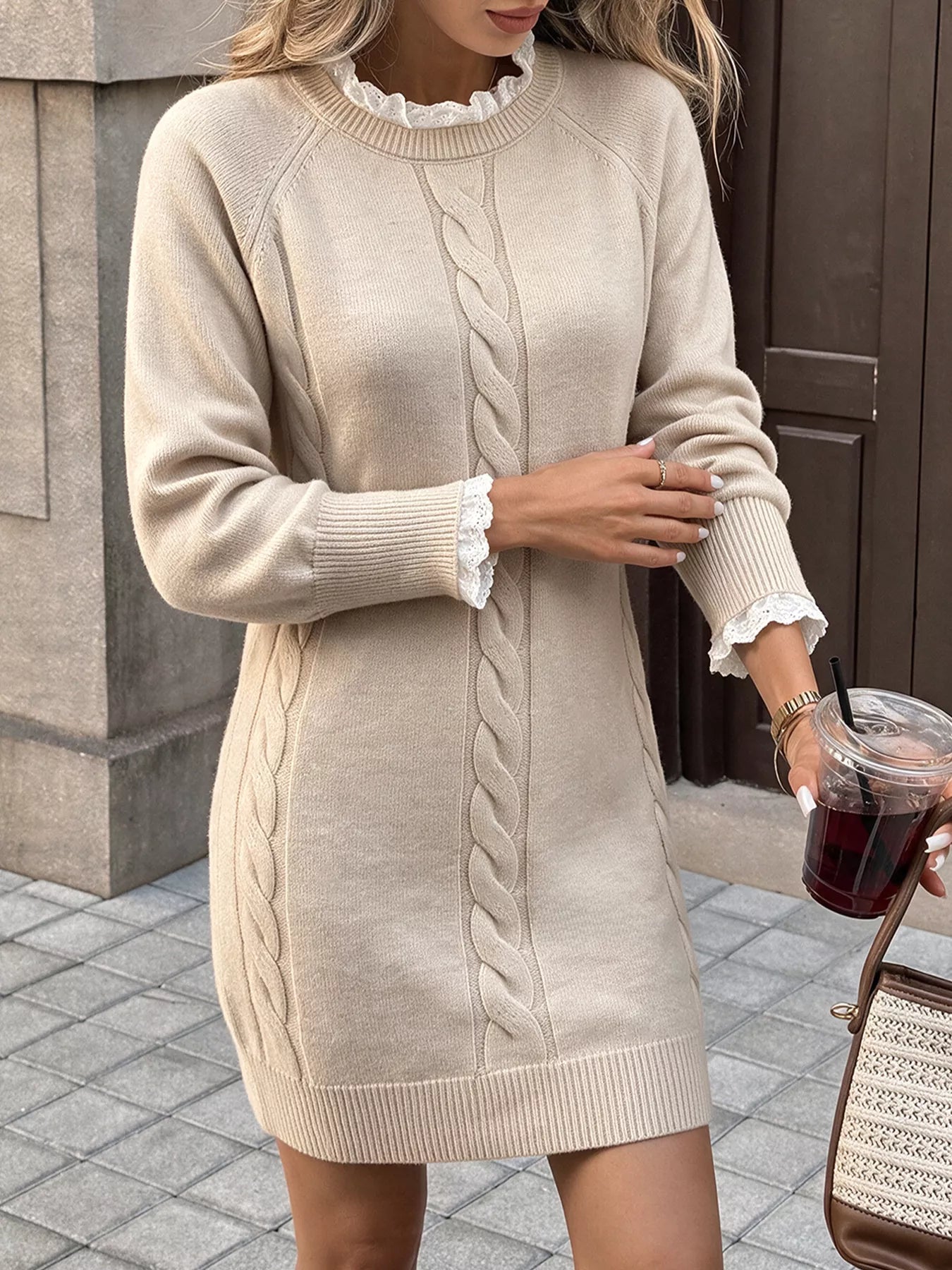 Cable Knit Raglan Sleeve Sweater Dress
