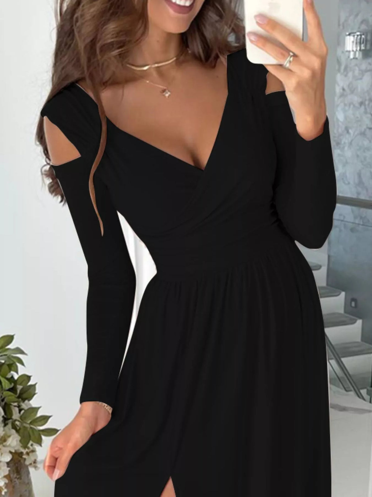 Slit Surplice Cold Shoulder Maxi Dress