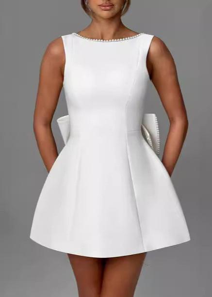 Pearl Trim High Neck Sleeveless Pleated Bow Back Fit and Flare Mini Dress