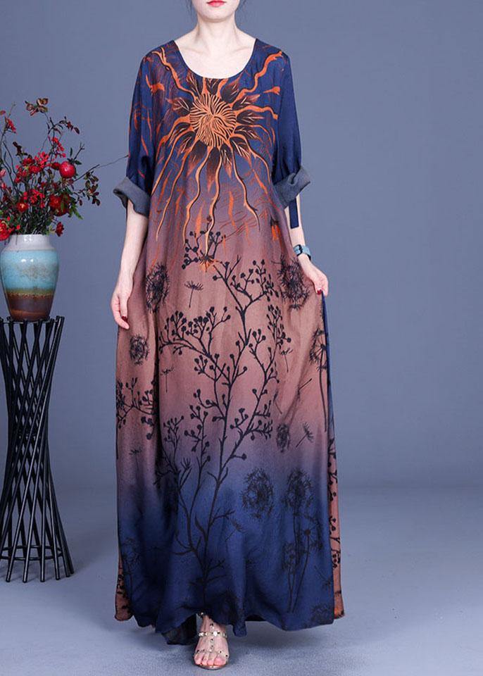 Sunburst Botanical Print Scoop Neck Three Quarter Sleeve Oversized Maxi Dress