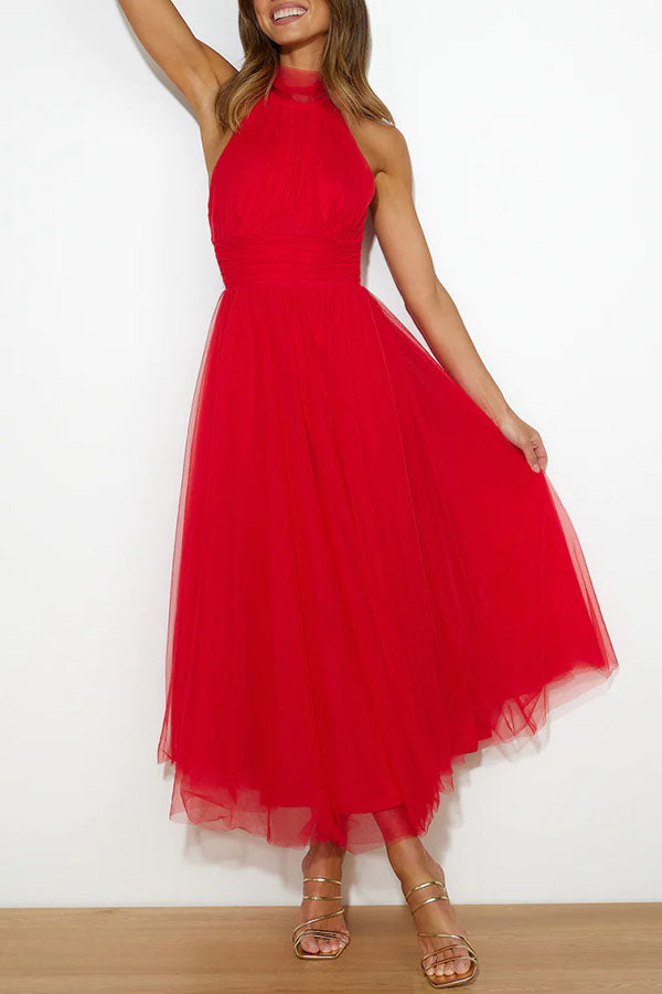 Tulle Halter Neck Sleeveless Pleated Bodice Fit and Flare Midi Dress
