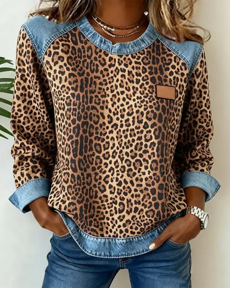 Leopard Print Denim Look Contrast Crew Neck Sweatshirt