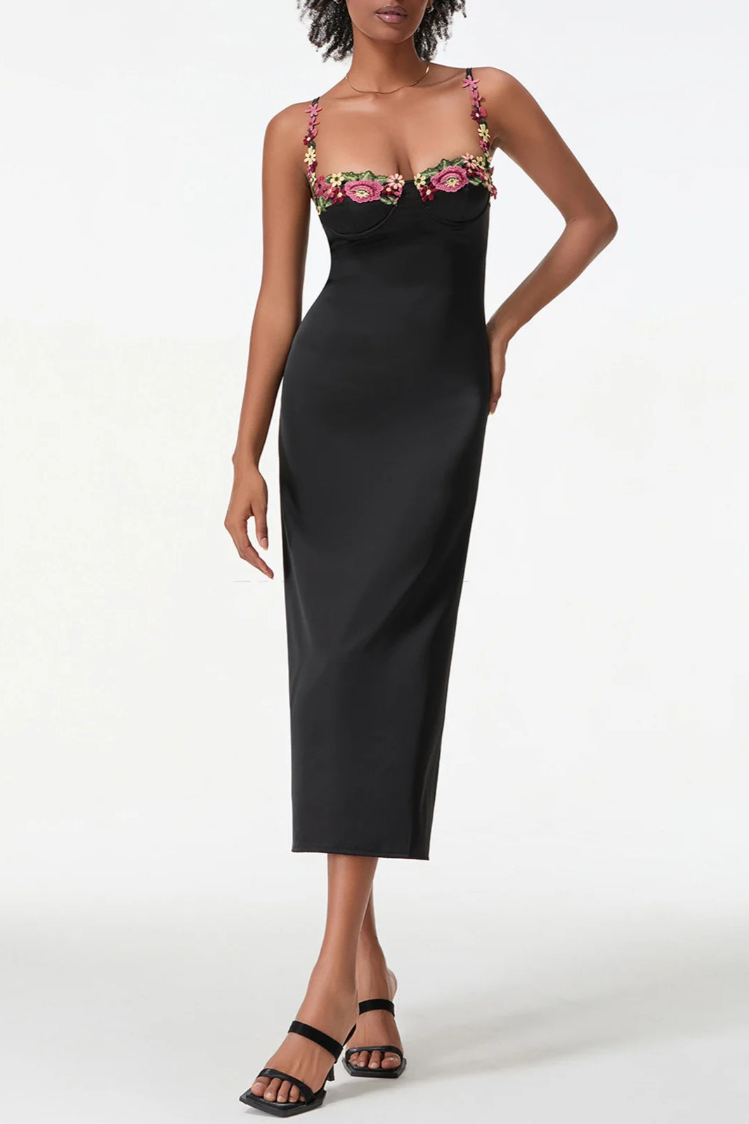 Satin Sweetheart Spaghetti Strap Floral Embroidery Bodycon Midi Dress