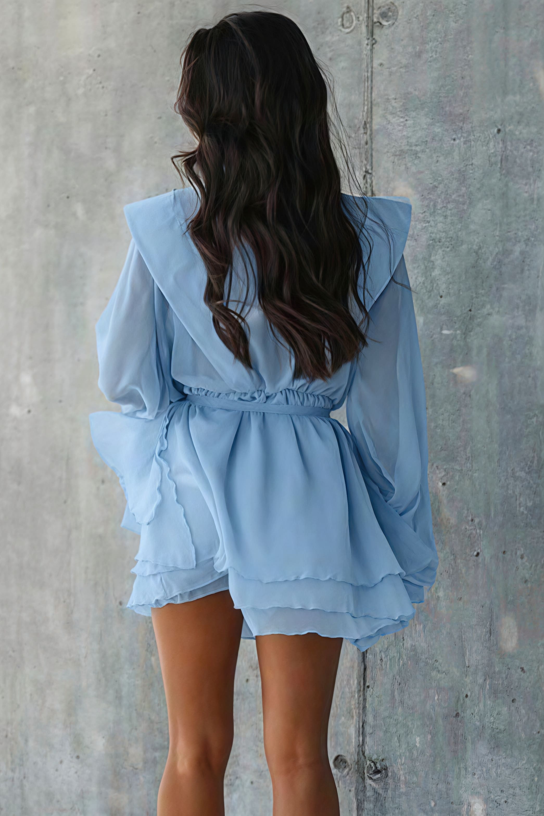 Long Sleeve Tie Mesh Sheer Tiered Mini Dress - View 4