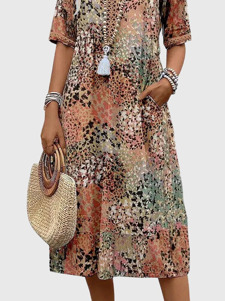 Abstract Print V-Neck Short Sleeve Midi Dress