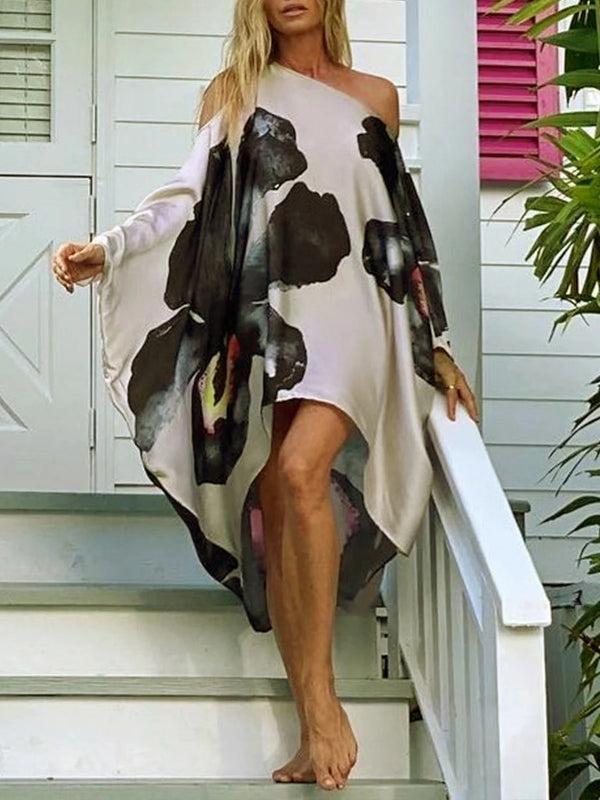 Floral Off Shoulder Batwing High Low Satin Dress 4