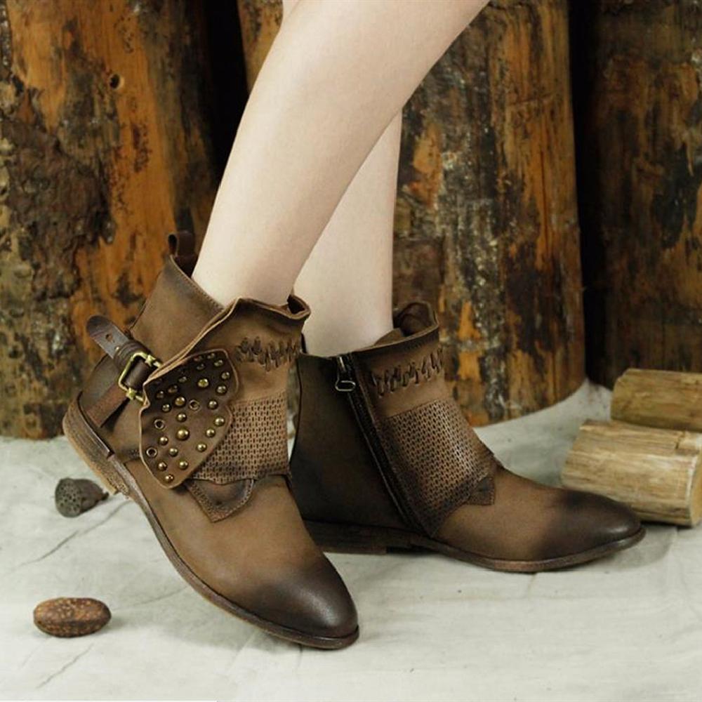 Women Booties Sheepskin Leather Short Ankle Boots For Women Low Heel Brown